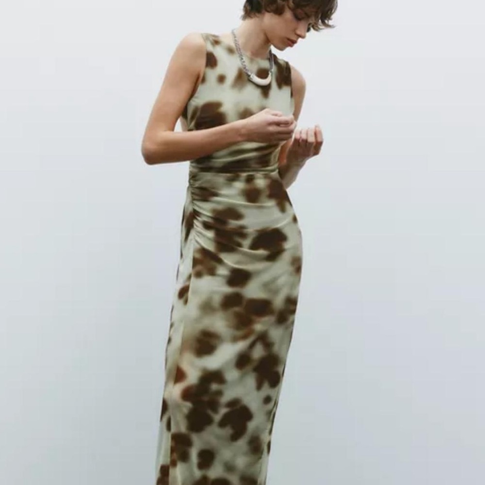 Zara Brown and Cream Patterned Midi Dress